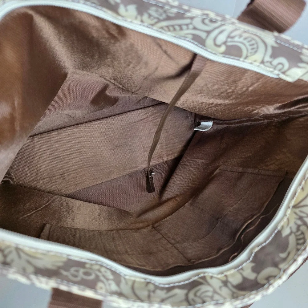 Emilie Sloan Seattle Tote Bag Taupe Cream Damask Floral‎ PVC Zipper Shoulder Bag